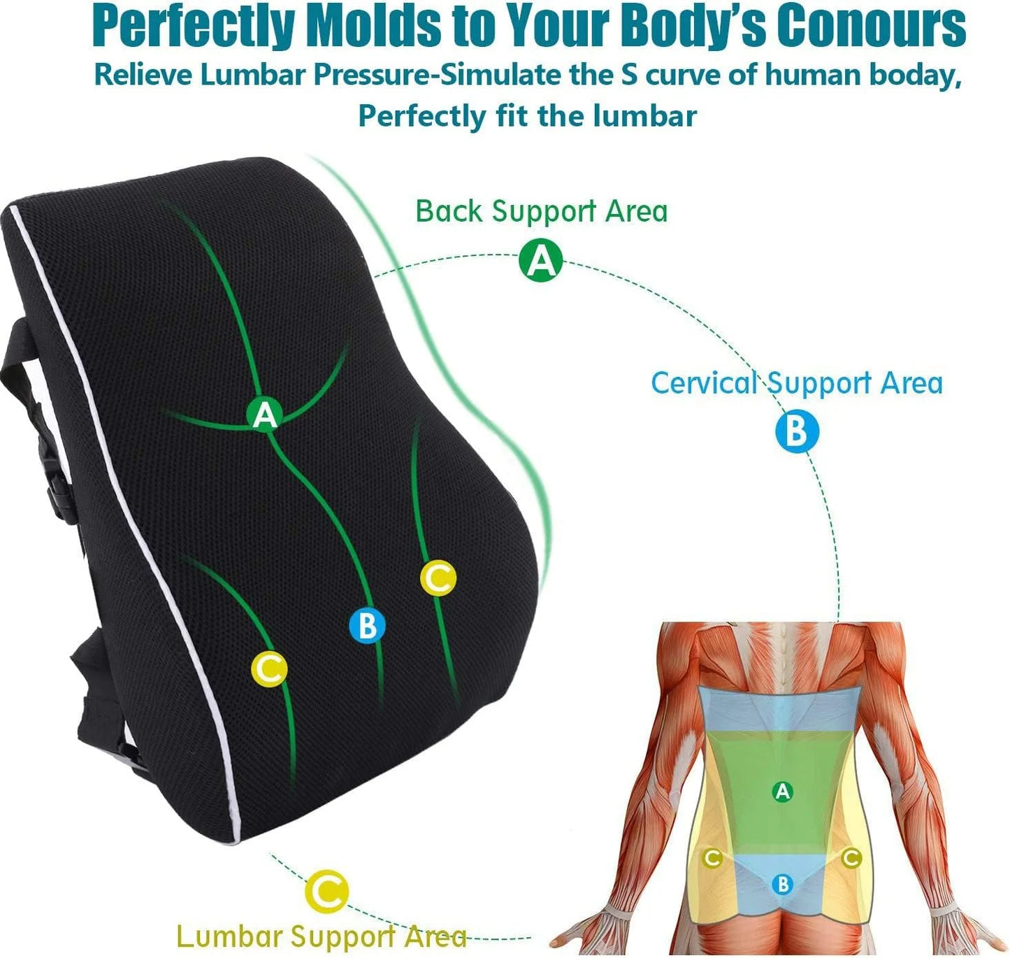 LUMBREST DriveEase™ Lumbar Cushion – Memory Foam Support - black waist / L